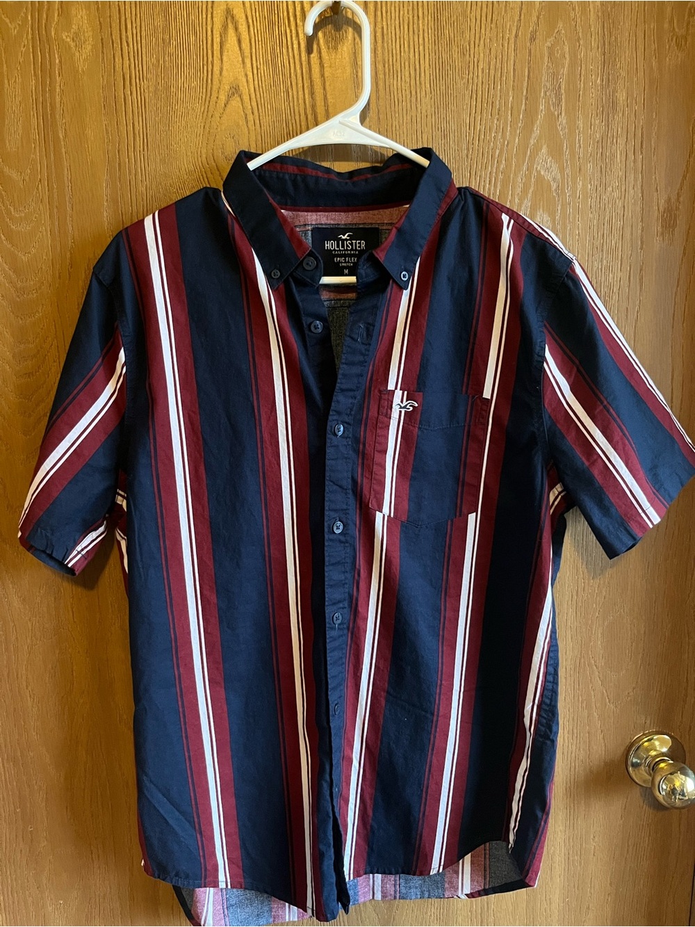 Hollister Men's Navy, Burgundy & White Vertical Stripe Short Sleeve Shirt